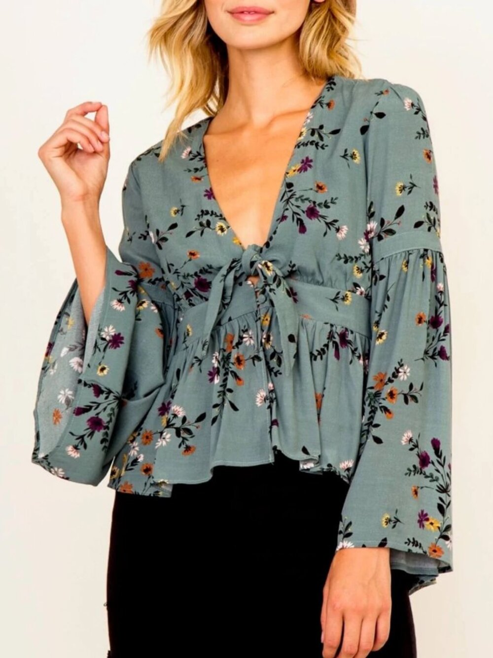 Olivaceous - Floral Bell Sleeve Blouse in Teal
